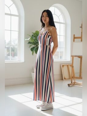 Striped Cream Maxi Slip Dress with Red & Navy - Lightweight Summer Maxi